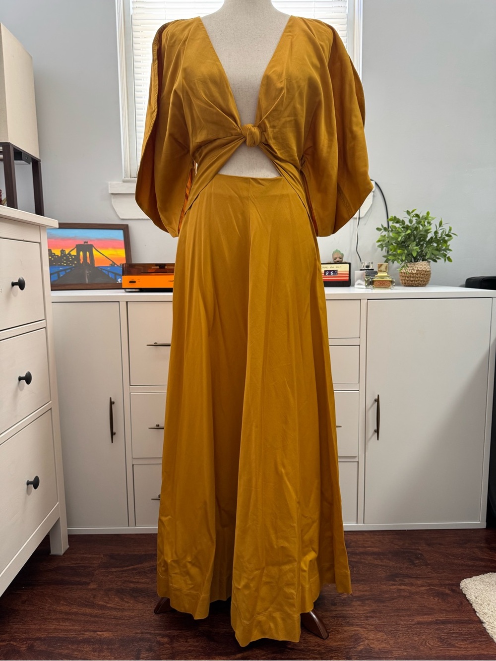 Mara Hoffman Mustard Cutout Maxi Dress Open Back Knot Front Size 0